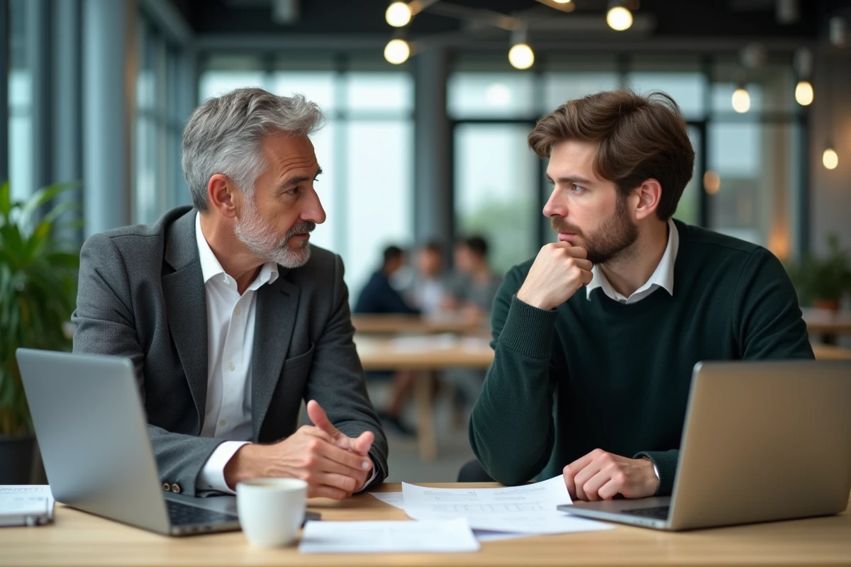 Deux frères associés discutant du projet de lancement de leur entreprise familiale dans un espace de coworking