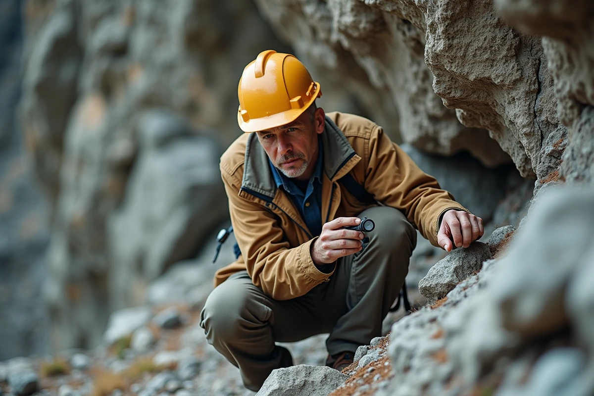 Géologue analysant des échantillons de minerais sur le terrain pour illustrer les ressources minérales non renouvelables