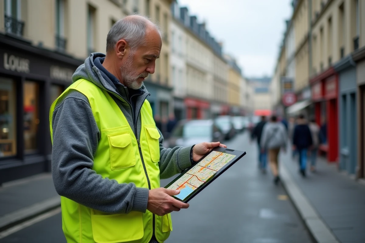 Géomètre consultant une carte SIG des zones urbaines sur tablette en ville