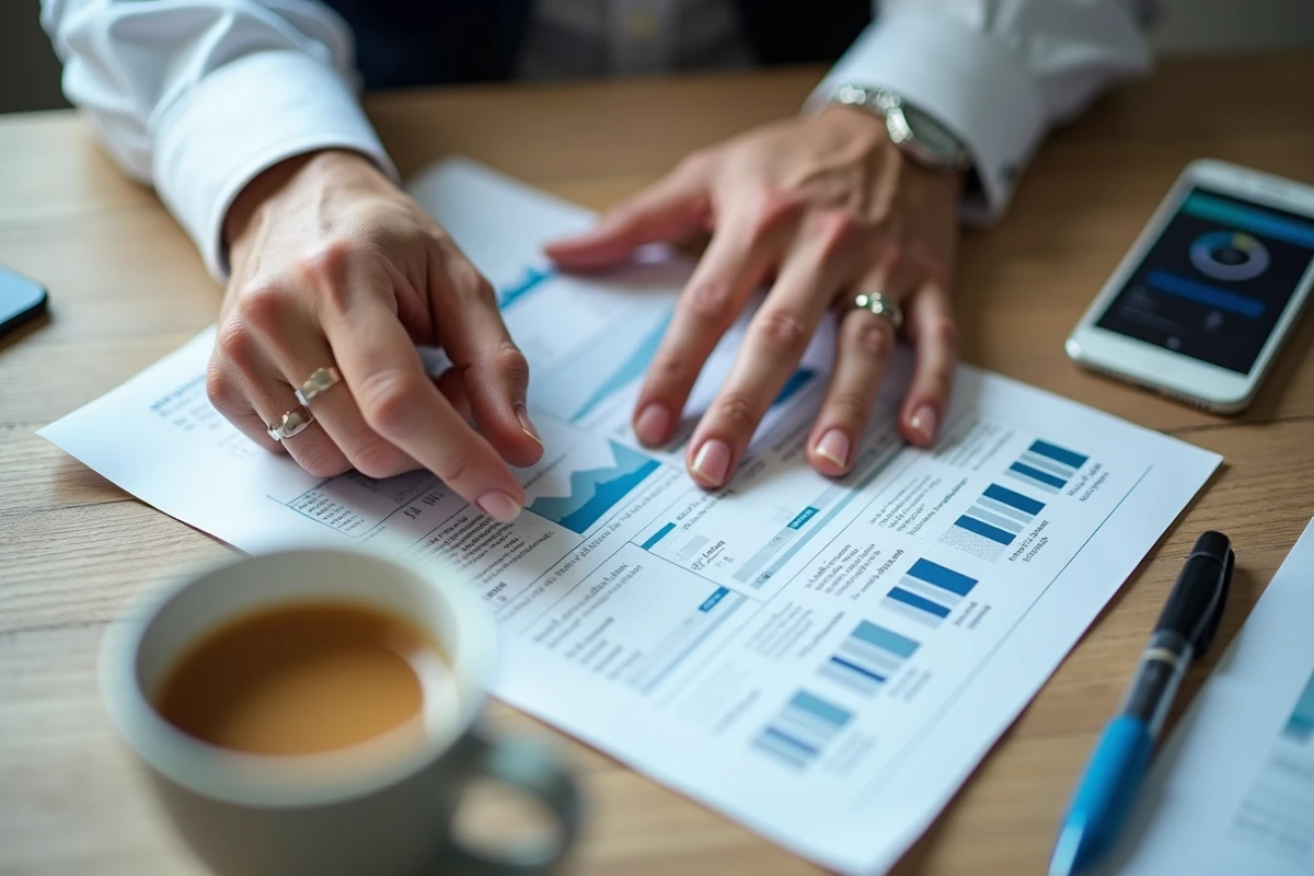 Gros plan sur des mains d'expert pointant un graphique illustrant les flux d'investissement des banques