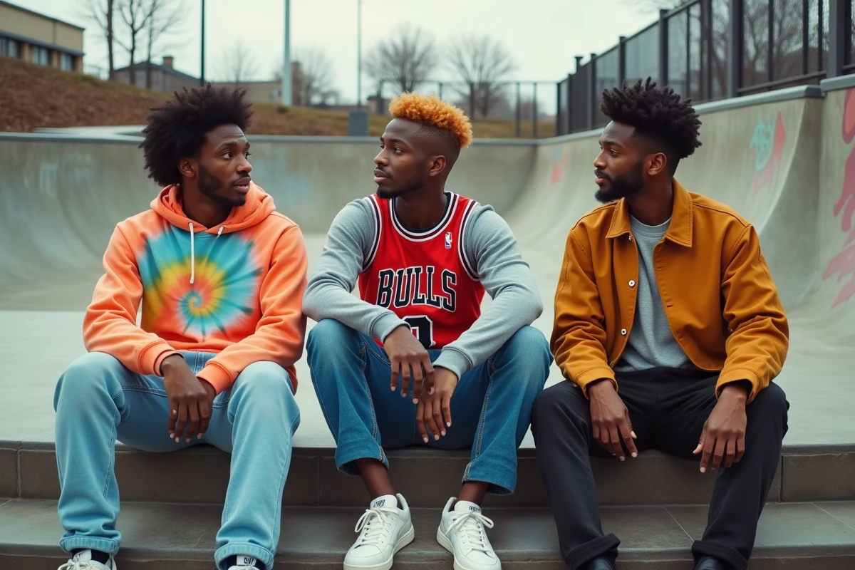 Groupe de trois amis en tenues streetwear variées assis sur des marches en béton devant un skatepark urbain