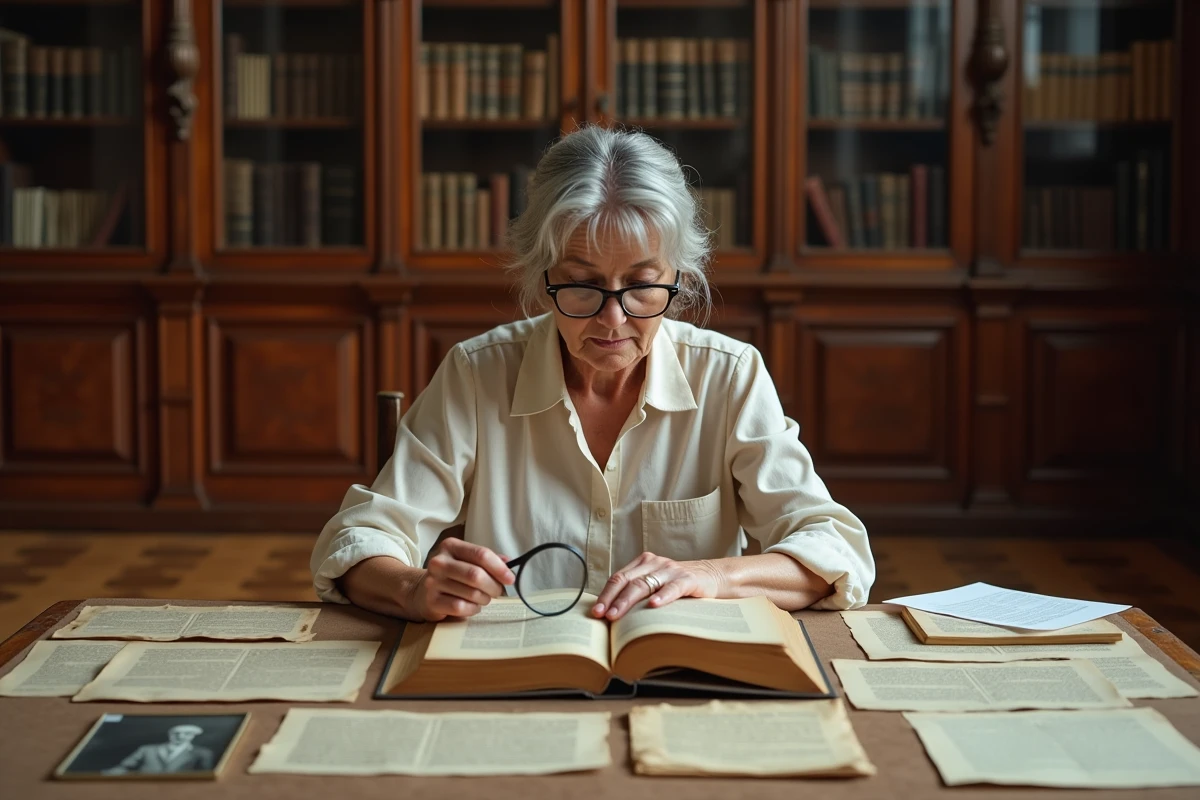 Historienne examinant des documents d'archives pour identifier l'auteur du mode simultané dans une salle de lecture patrimoniale