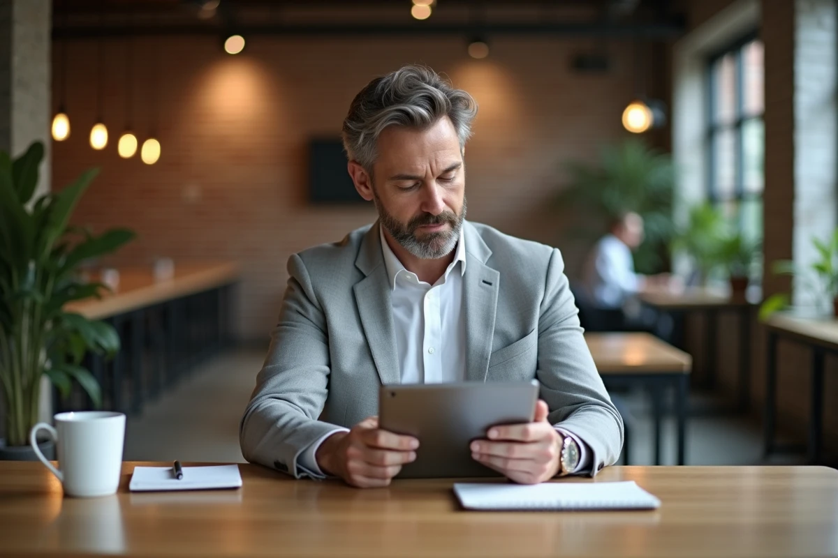 Homme d'affaires utilisant une tablette pour analyser des données dans un espace de coworking, symbolisant l'importance des outils numériques pour les entreprises modernes