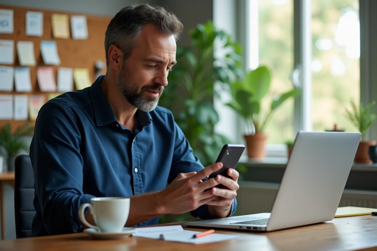 Homme consultant un calendrier familial partagé sur smartphone dans un bureau à domicile