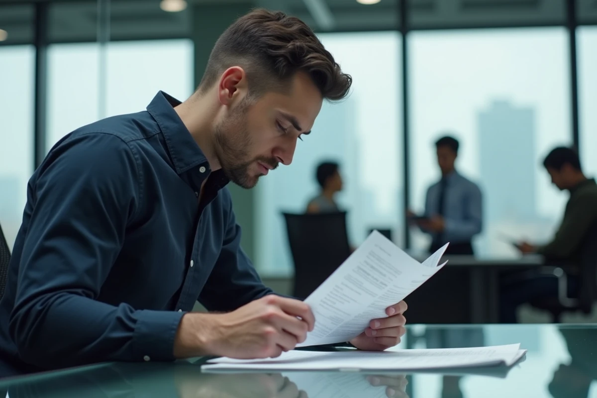Homme comparant deux versions de documents textuels dans un bureau professionnel moderne