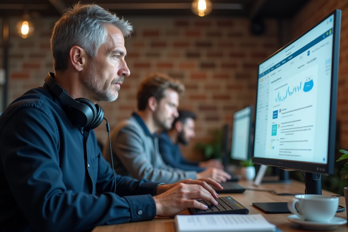 Homme en télétravail dans un espace de coworking utilisant un casque et un écran de gestion de projet