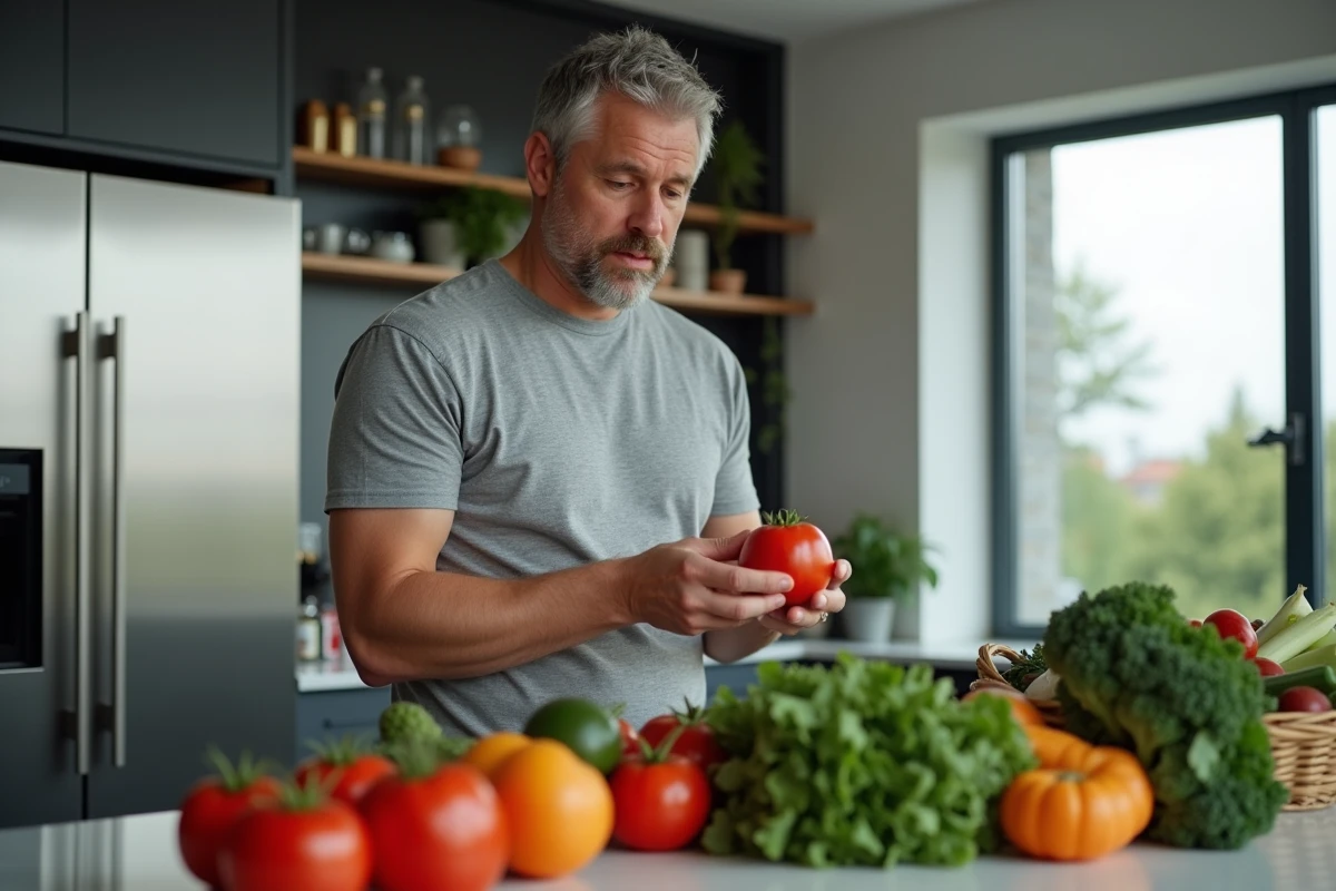Homme observant des aliments frais en cuisinant de façon intuitive et consciente