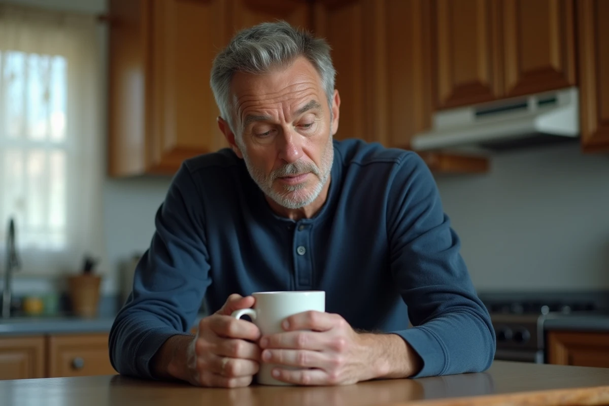 Homme assis à une table de cuisine, les mains autour d'une tasse, regard baissé avec une expression de détresse intérieure évoquant les séquelles d'un traumatisme