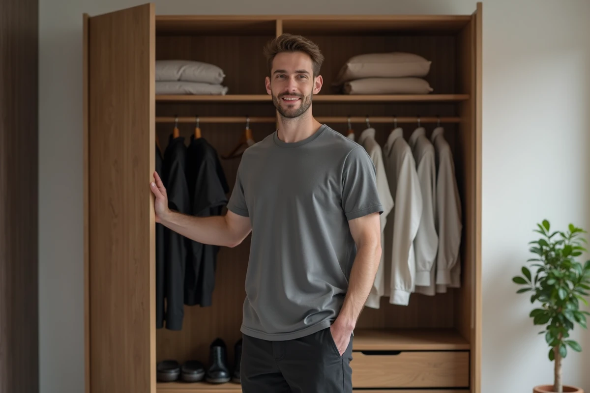 Homme devant un dressing minimaliste avec une garde-robe capsule organisée et épurée