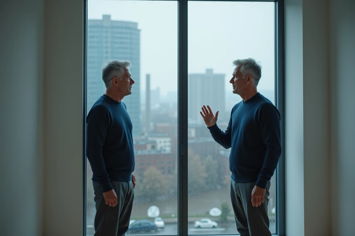 Homme introspectif regardant par une fenêtre pluvieuse, reflétant la résilience psychologique et la reconstruction intérieure
