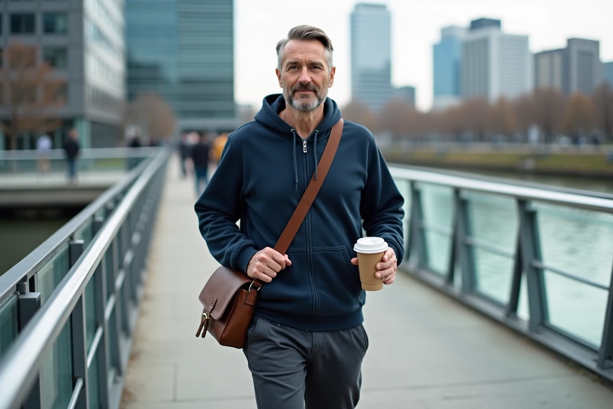 Homme marchant sur un pont piéton moderne en ville avec un sac en bandoulière, représentant la mobilité douce à pied
