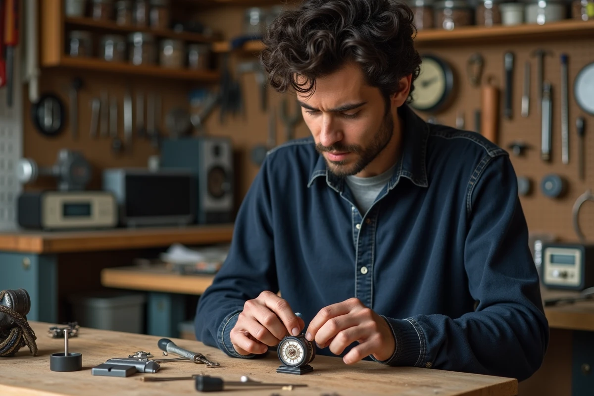 Homme passionné par la mécanique assemblant une horloge dans un atelier artisanal fait maison révélant une nouvelle passion