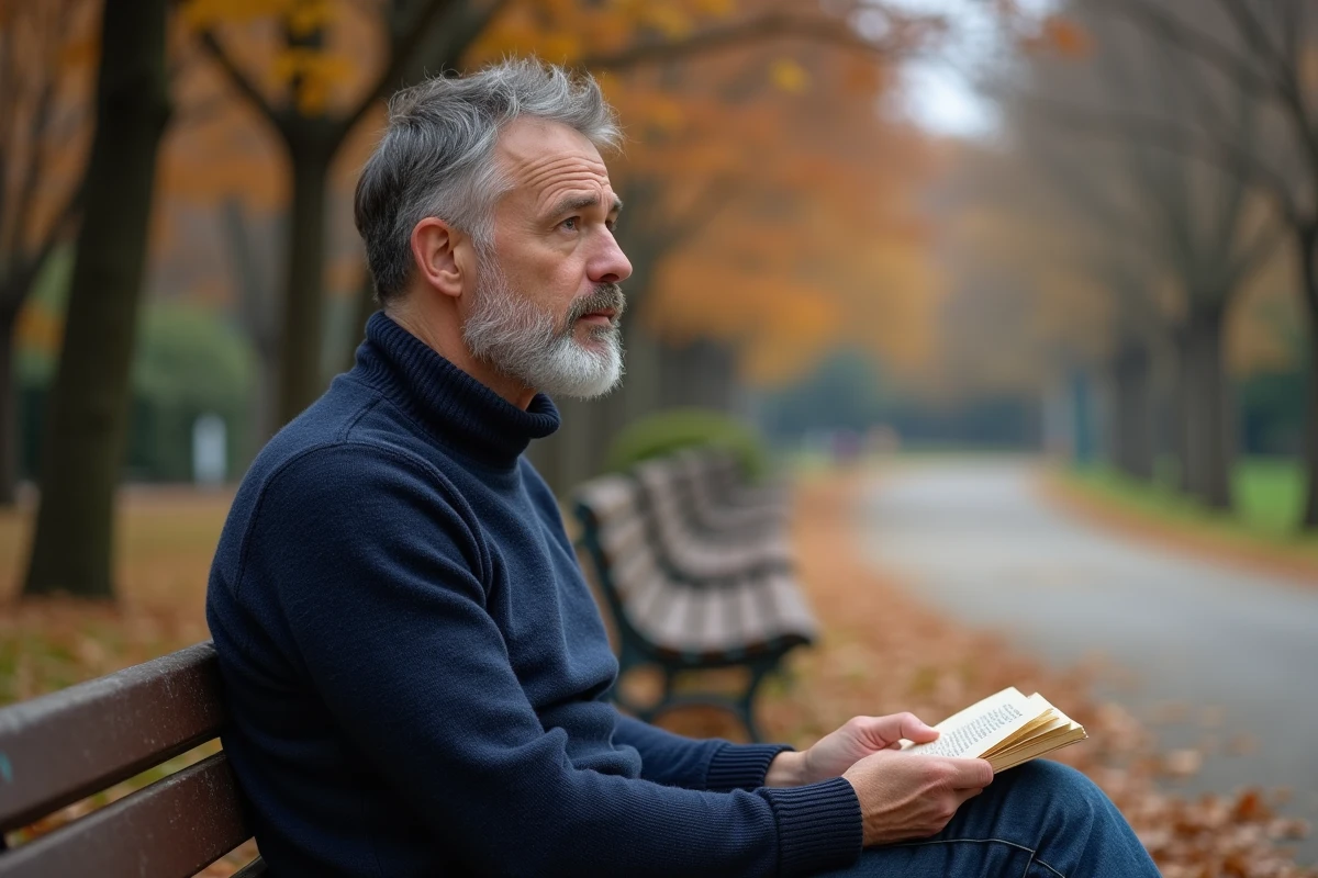 Homme méditatif assis seul sur un banc de parc en automne, symbolisant la réflexion intérieure et la recherche de valeurs éthiques