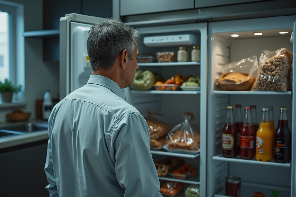 Homme d'affaires regardant un réfrigérateur rempli de plats transformés et de snacks industriels, illustrant le manque d'alimentation équilibrée