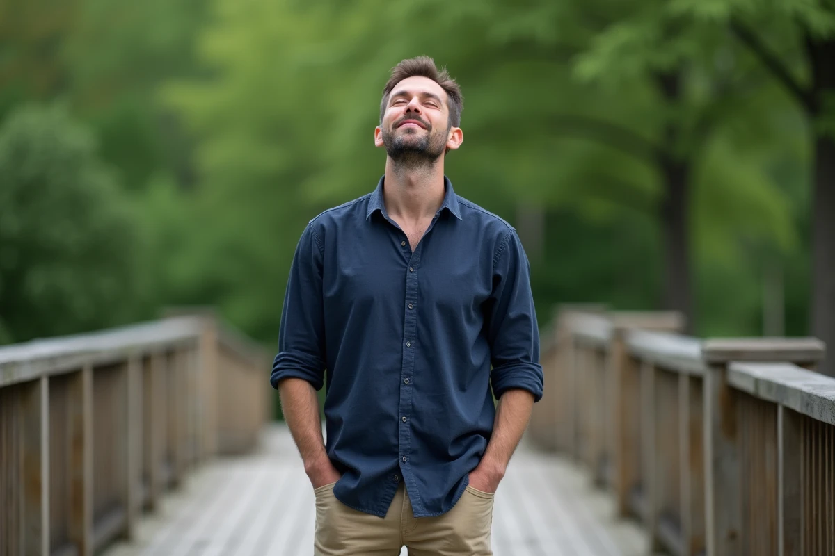 Homme pratiquant la respiration profonde en plein air sur une terrasse en bois entourée de végétation