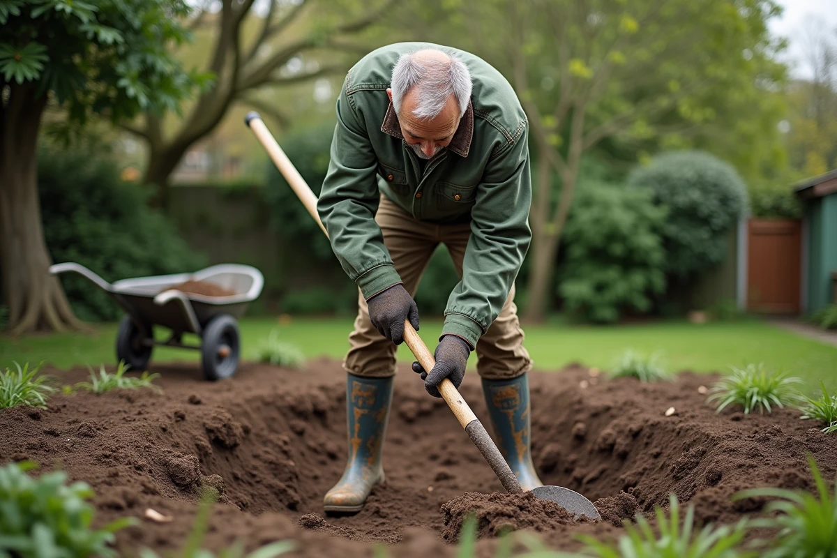 Homme en train de retourner la terre d'un futur jardin avec une bêche dans une cour résidentielle