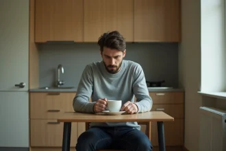 Homme seul assis à une table de cuisine vide, regardant une tasse de café froide avec une expression mélancolique, illustrant l'isolement social