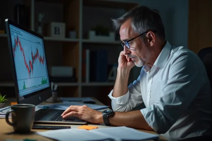 Homme stressé regardant des graphiques de cryptomonnaies en chute sur un écran d'ordinateur portable dans un bureau encombré