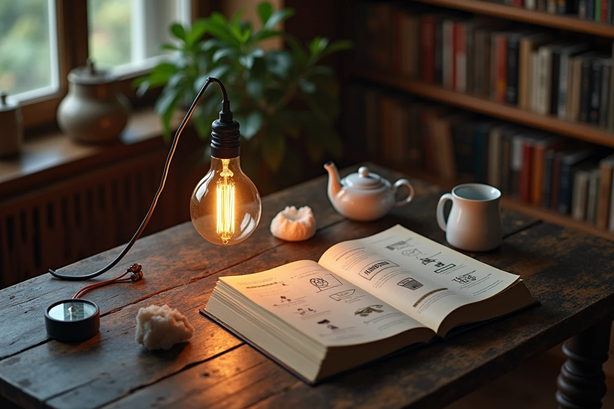 Composition d'objets symbolisant les 8 formes d'énergie sur une table en bois dans un cadre studieux