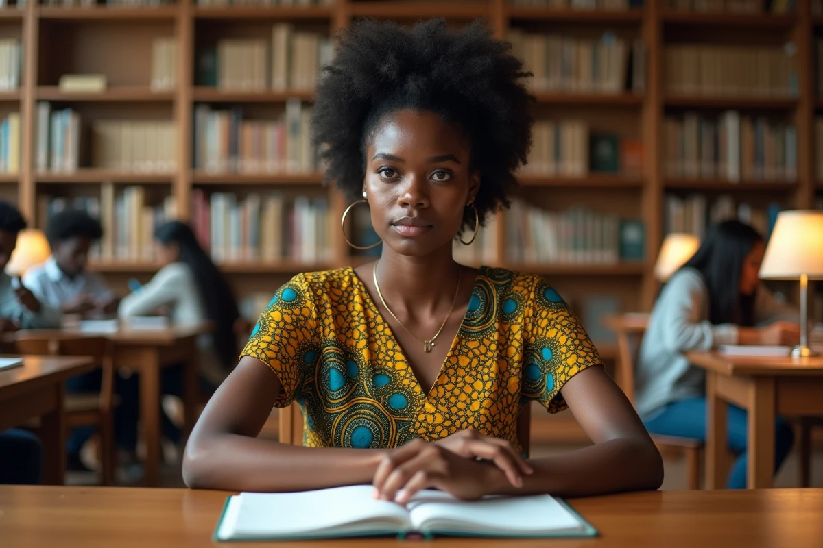 Jeune femme africaine en tenue traditionnelle Ankara réfléchissant seule dans une bibliothèque universitaire, évoquant la quête d'identité culturelle et les tensions interculturelles
