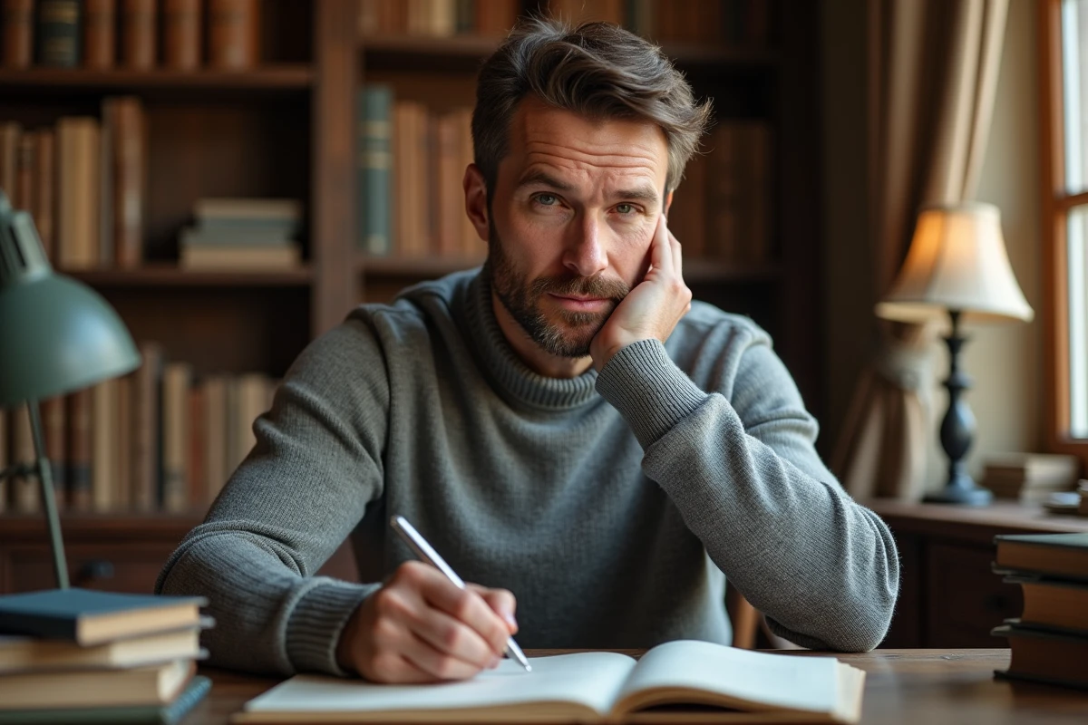 Homme méditatif écrivant dans un journal intime, symbole de l'identité intérieure opposée à l'expression extérieure