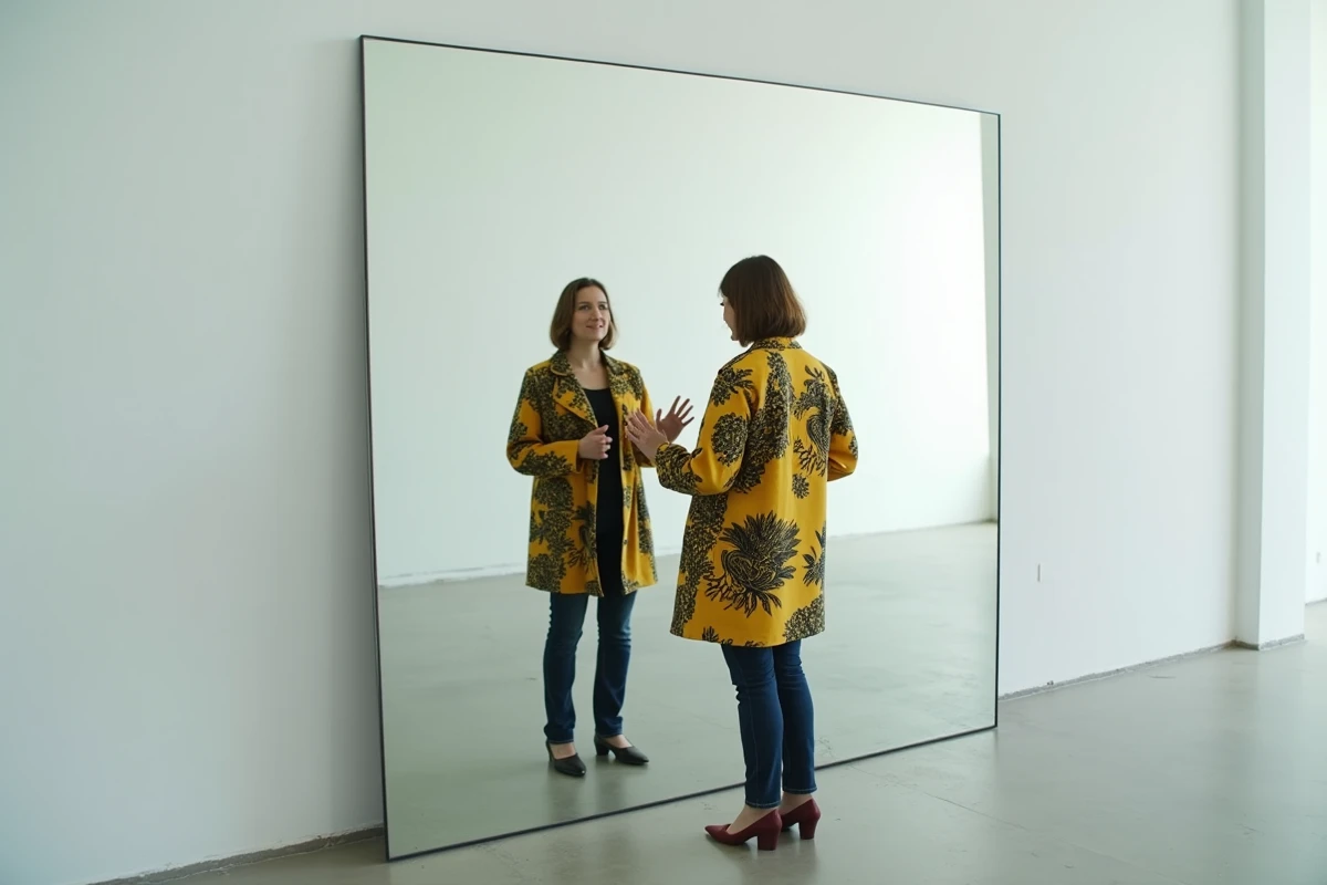 Femme face à son reflet dans un miroir, explorant la différence entre identité personnelle et expression vestimentaire