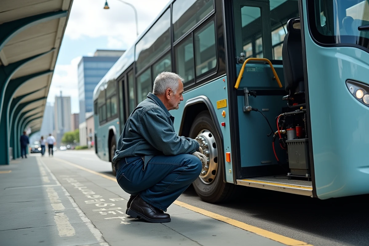 Technicien inspectant le système hydrogène sous un bus à hydrogène dans un dépôt urbain