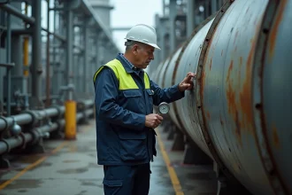 Ingénieur inspectant un réservoir de stockage d'hydrogène dans une raffinerie industrielle