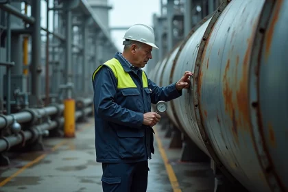 Ingénieur inspectant un réservoir de stockage d'hydrogène dans une raffinerie industrielle