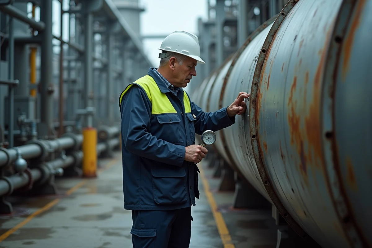 Ingénieur inspectant un réservoir de stockage d'hydrogène dans une raffinerie industrielle