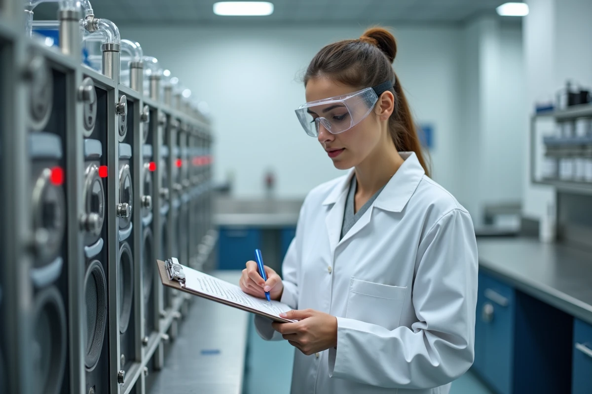 Scientifique analysant les données d'une pile à combustible hydrogène dans un laboratoire de recherche