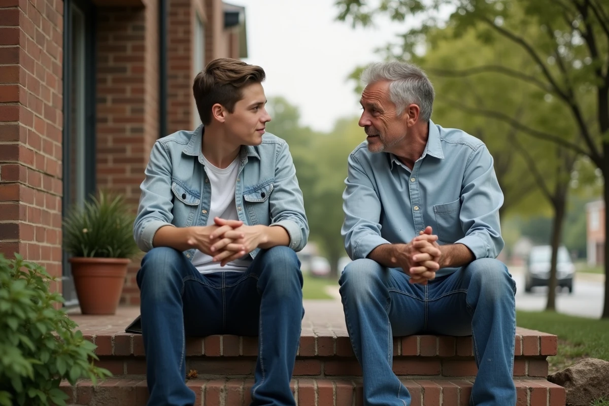 Père et fils adolescent assis sur les marches de leur maison en conversation sincère, symbolisant l'influence parentale sur le développement des valeurs individuelles