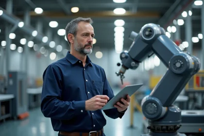 Ingénieur analysant une ligne d'automatisation industrielle avec un bras robotique en usine