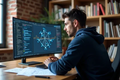 Ingénieur informaticien étudiant le fonctionnement d'un modèle de langage LLM sur un écran affichant des réseaux de neurones et des tokens de texte