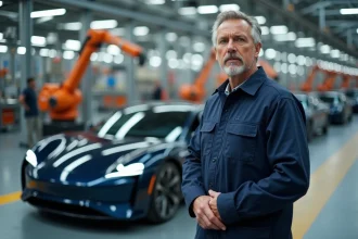 Ingénieur automobile devant une voiture électrique concept dans une usine de fabrication moderne