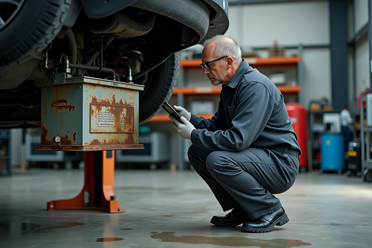 Mécanicien inspectant la batterie haute tension d'une voiture hybride vieillie sur un pont élévateur dans un atelier automobile
