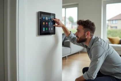 Homme examinant un panneau de commande domotique mural dans un salon moderne pour estimer le coût d'installation