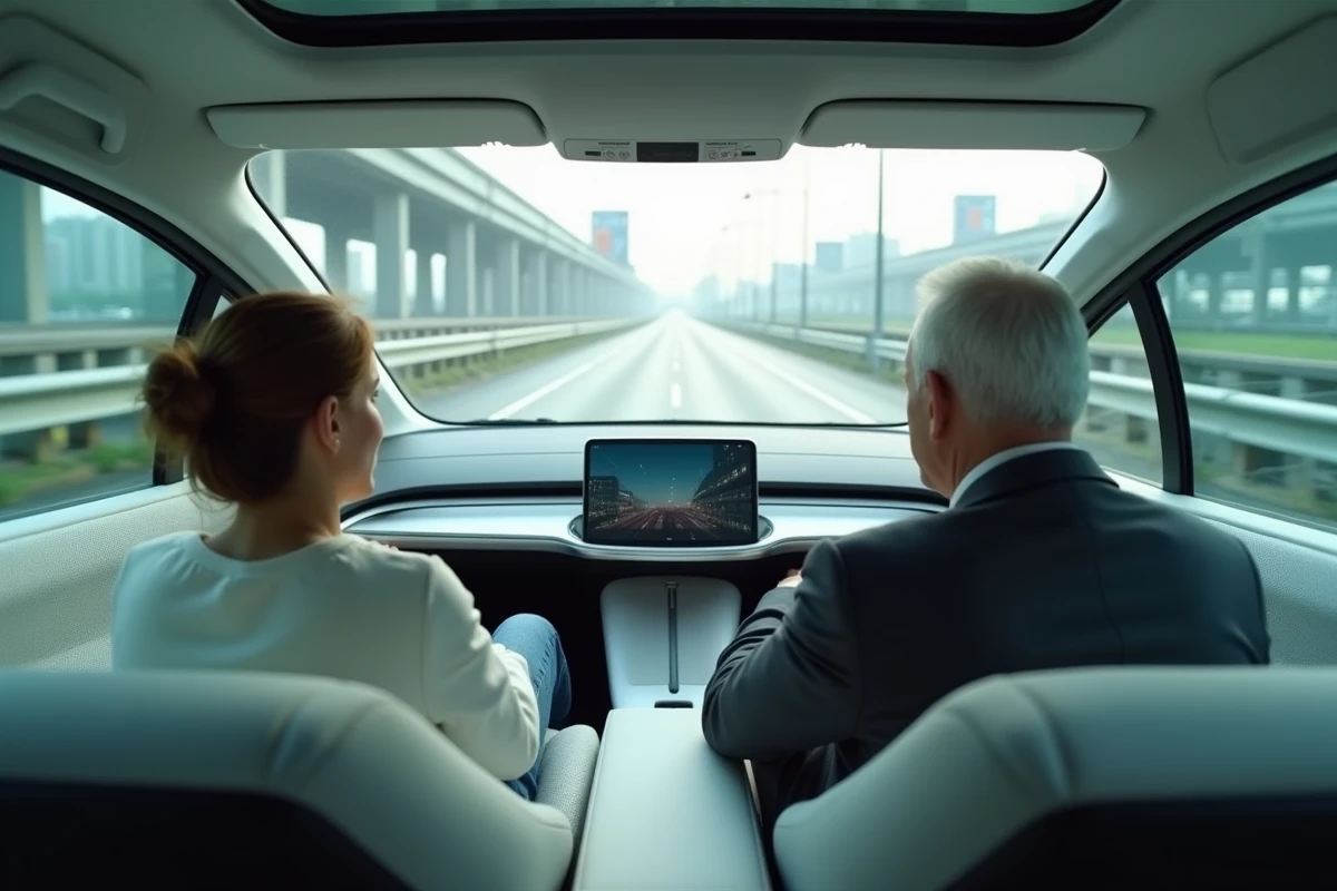 Intérieur futuriste d'un véhicule autonome sans volant avec deux passagers en conversation