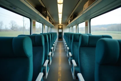 Intérieur d'un wagon de train intercités moderne avec rangées de sièges bleu marine vus depuis le couloir central