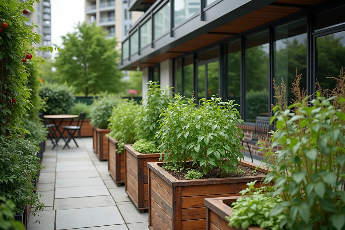 Jardin en terrasse aménagé avec des bacs en bois surélevés remplis de tomates et de plantes grimpantes sur un balcon moderne