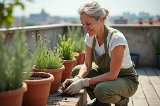 Femme qui plante des herbes aromatiques dans des jardinières en terre cuite sur une terrasse urbaine en bois