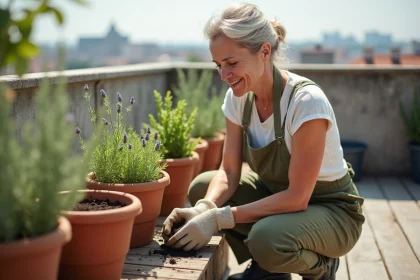 Femme qui plante des herbes aromatiques dans des jardinières en terre cuite sur une terrasse urbaine en bois