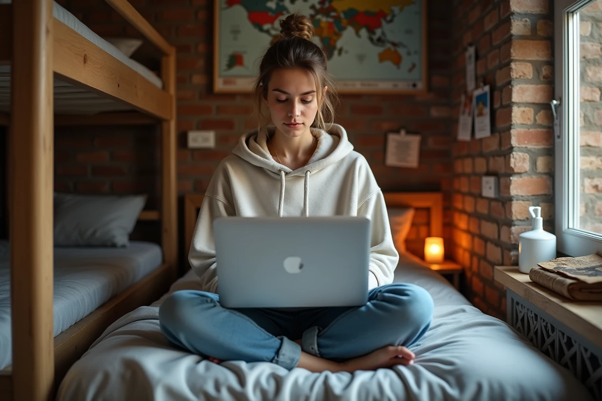Jeune femme rédigeant un blog de voyage sur son ordinateur portable dans un auberge de jeunesse