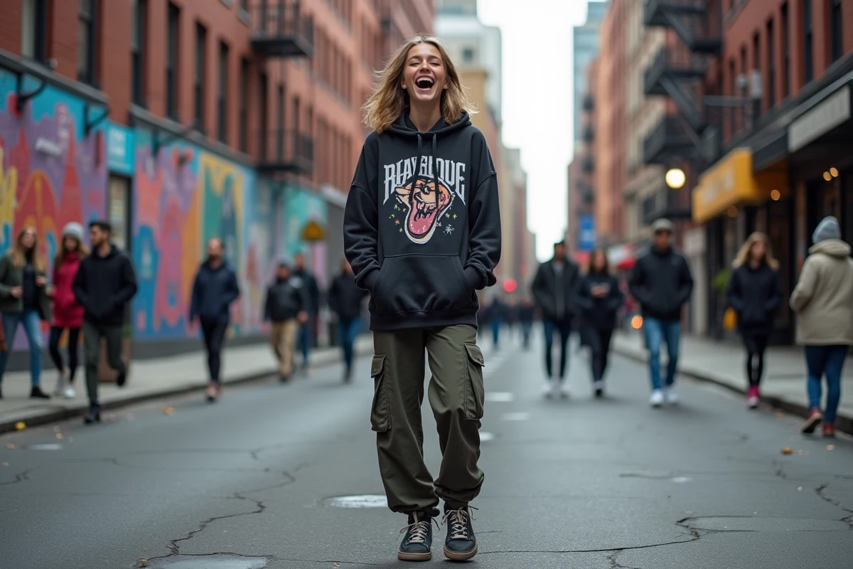 Jeune femme en tenue streetwear devant une fresque urbaine colorée dans le quartier SoHo de New York