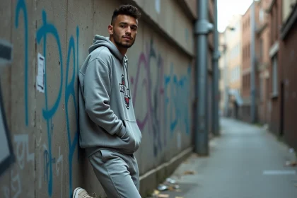 Jeune homme en tenue streetwear avec hoodie oversize et sneakers blanches appuyé contre un mur de graffitis urbain