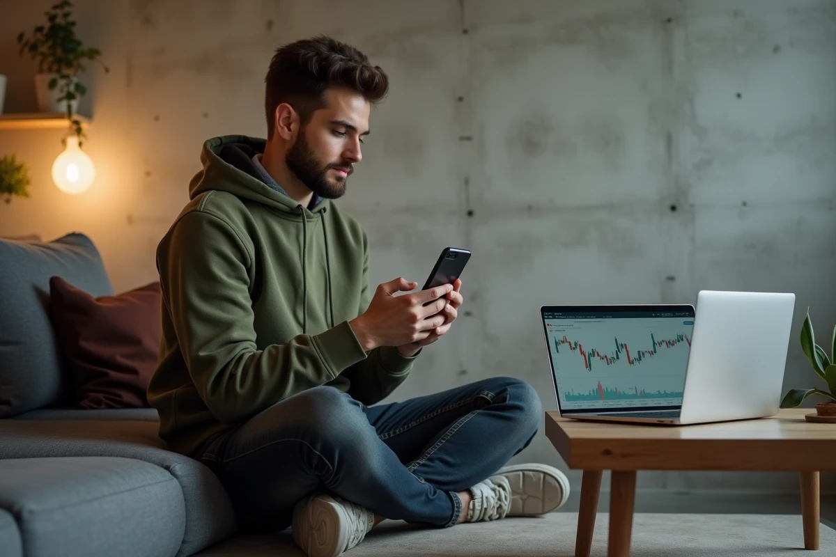 Jeune investisseur millénial gérant un portefeuille d'actions et de crypto-monnaies depuis son appartement urbain