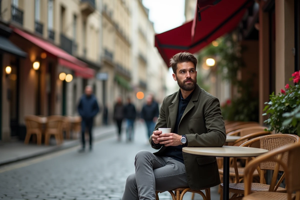Homme attablé en terrasse d'un café parisien dans le Marais, dégustant un expresso lors d'une journée à Paris