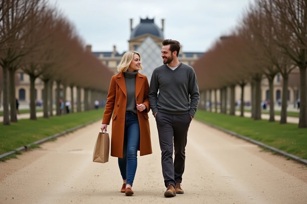 Deux amis se promenant dans le jardin des Tuileries avec le Louvre en arrière-plan lors d'une journée à Paris en automne