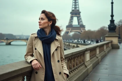 Femme en imperméable beige sur le Pont de Bir-Hakeim avec la Tour Eiffel en arrière-plan, journée à Paris