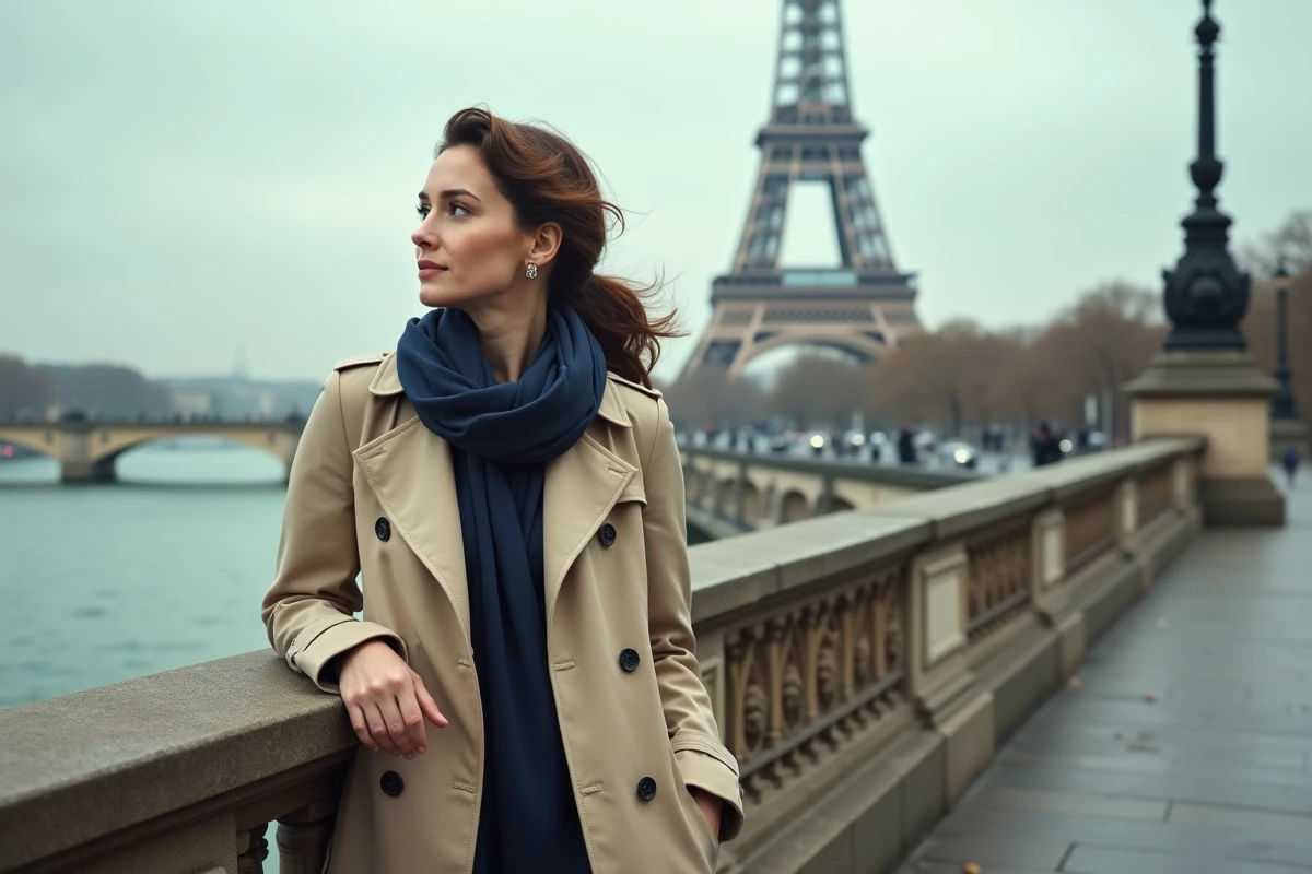 Femme en imperméable beige sur le Pont de Bir-Hakeim avec la Tour Eiffel en arrière-plan, journée à Paris